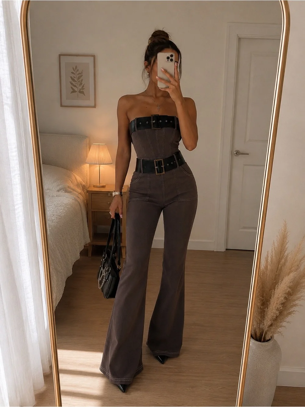 Fashion Nova Brown Strapless Boot-Cut Jumpsuit with Black Belt - Picture 1 of 2